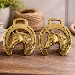 Vintage Brass Horseshoe Horse Bottle Openers Pair Equestrian Barware Decor
